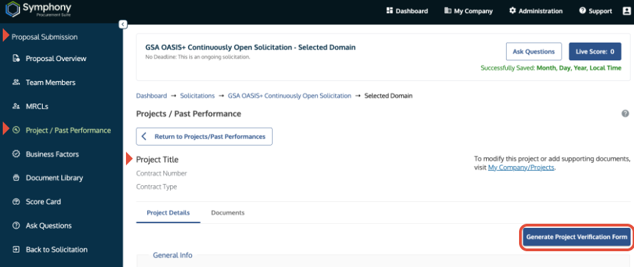 Project Detail view with the Generate Project Verification Form button highlighted.