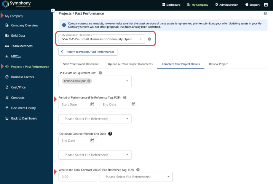 Project Details screen showing an OASIS+ Solicitation Preference and input fields for TCV and Period of Performance (POP).