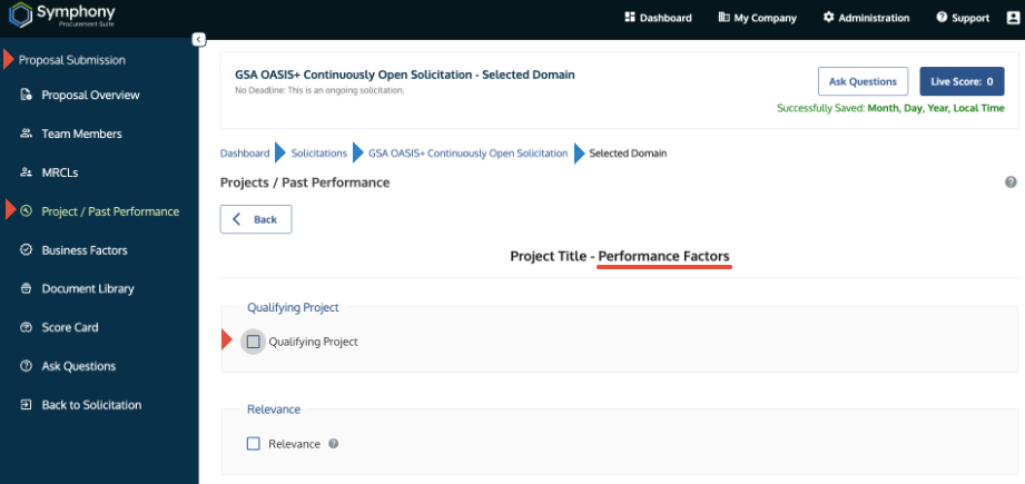 The Performance Factors screen showing the Qualifying Project (QP) checkbox highlighted.