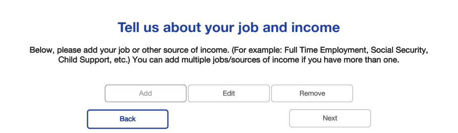 Job and income form with buttons to add, edit, or remove income sources