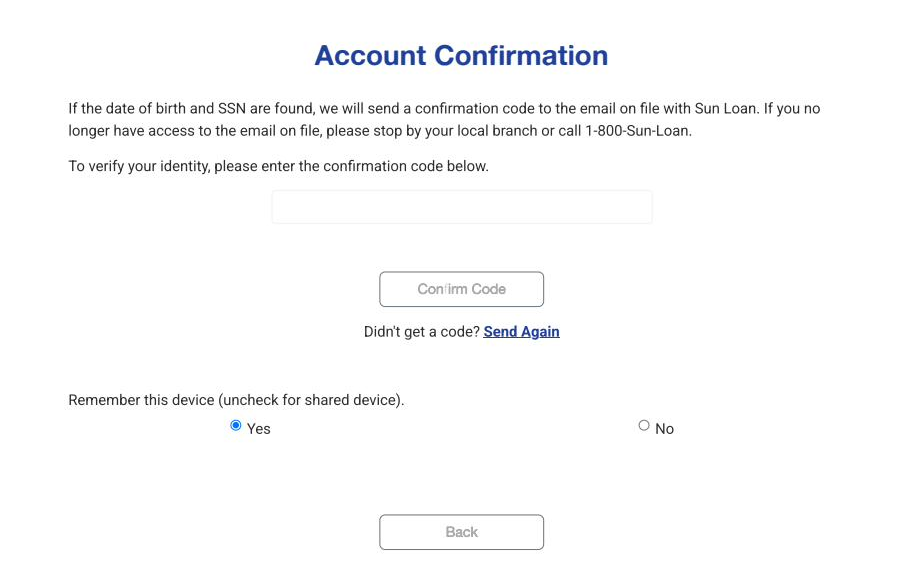Account confirmation screen with a field to enter a confirmation code