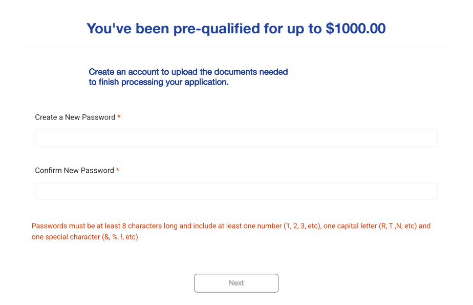Pre-qualification screen with fields to create and confirm a new password