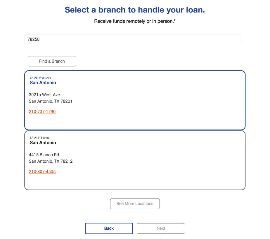 Branch selection screen showing nearby Sun Loan branch locations with addresses and phone numbers