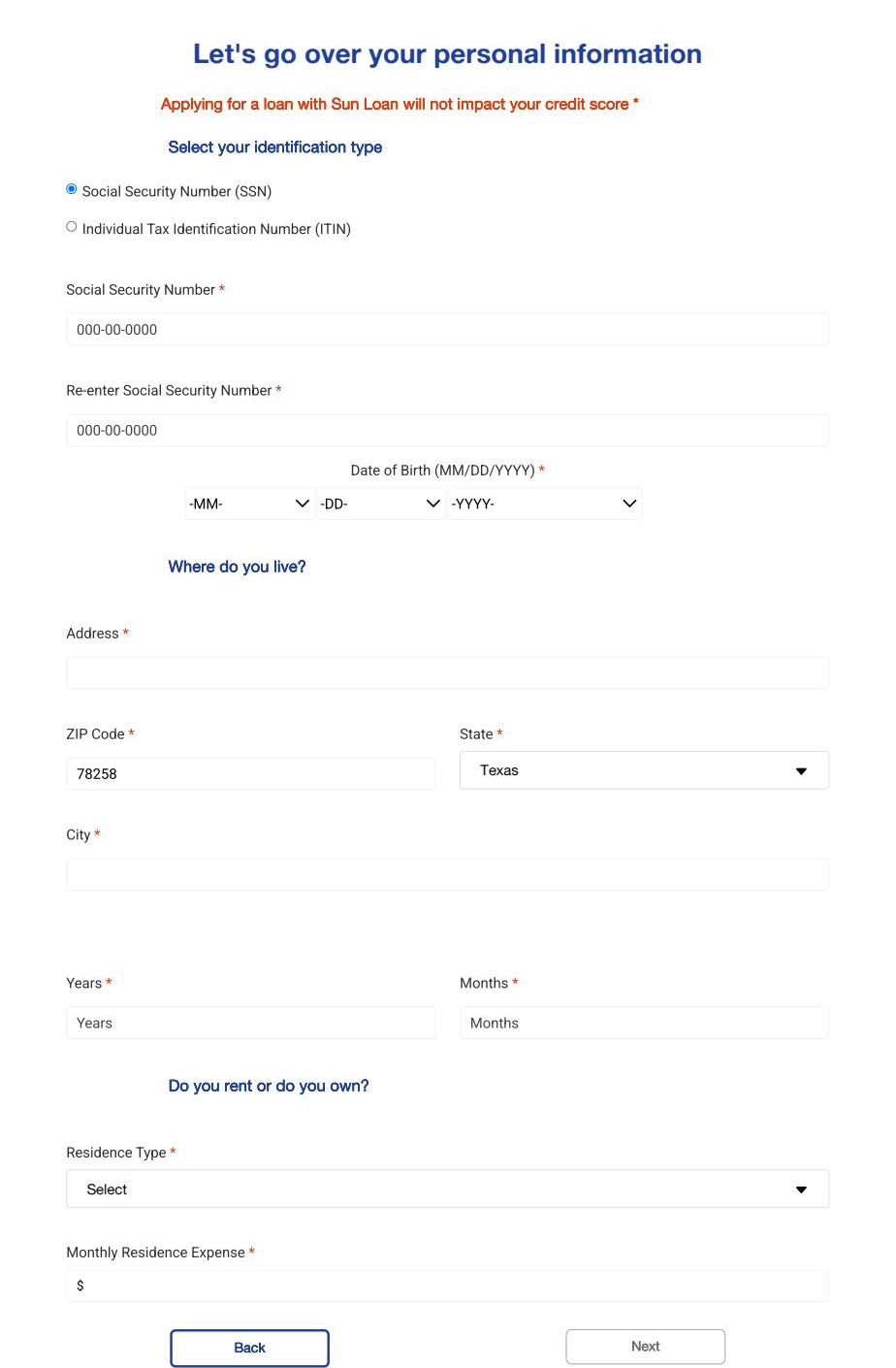 Personal information form asking for Social Security Number, date of birth, address, and residence details