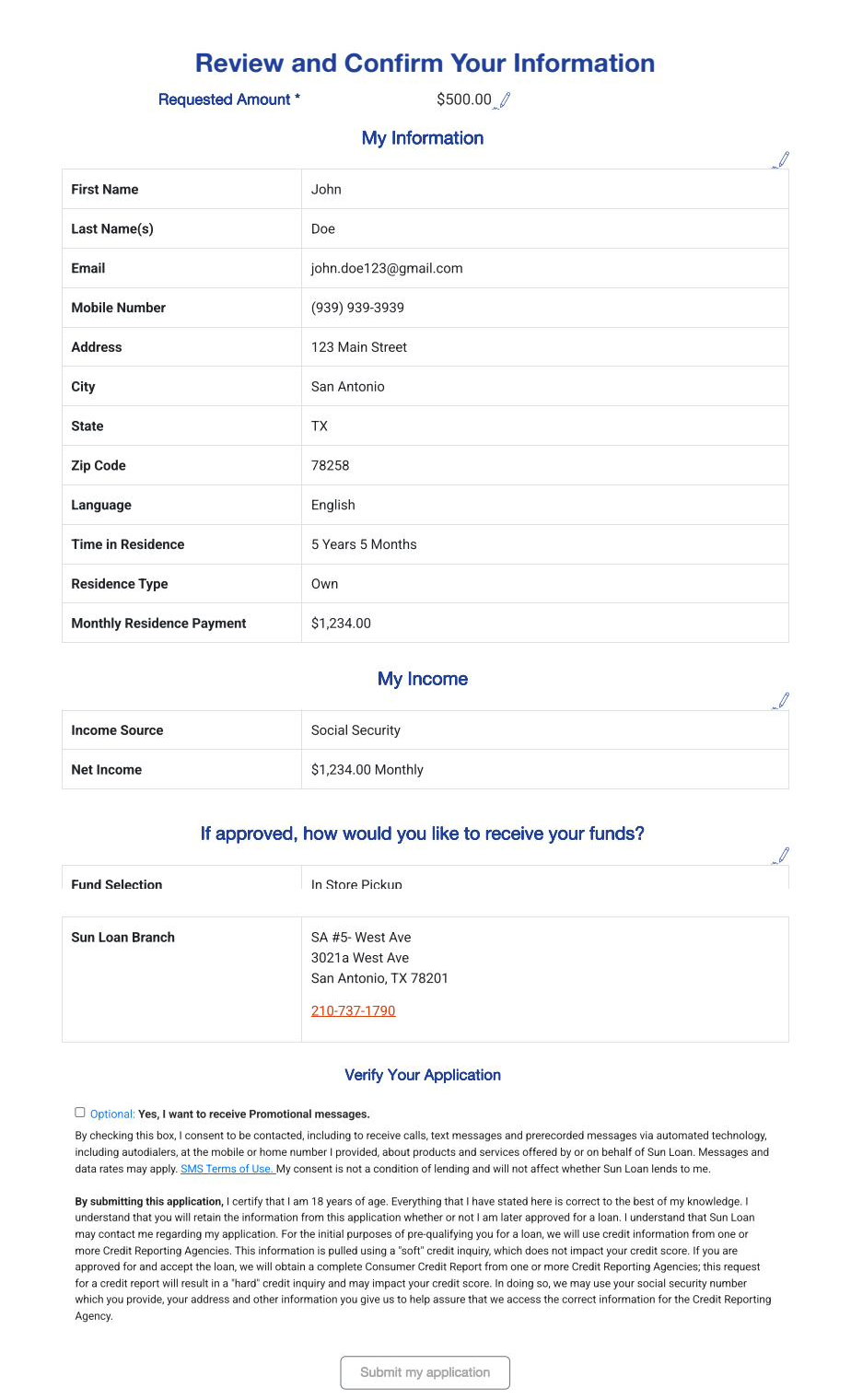 Review and confirm screen showing entered personal, income, and funding information with a Submit my application button