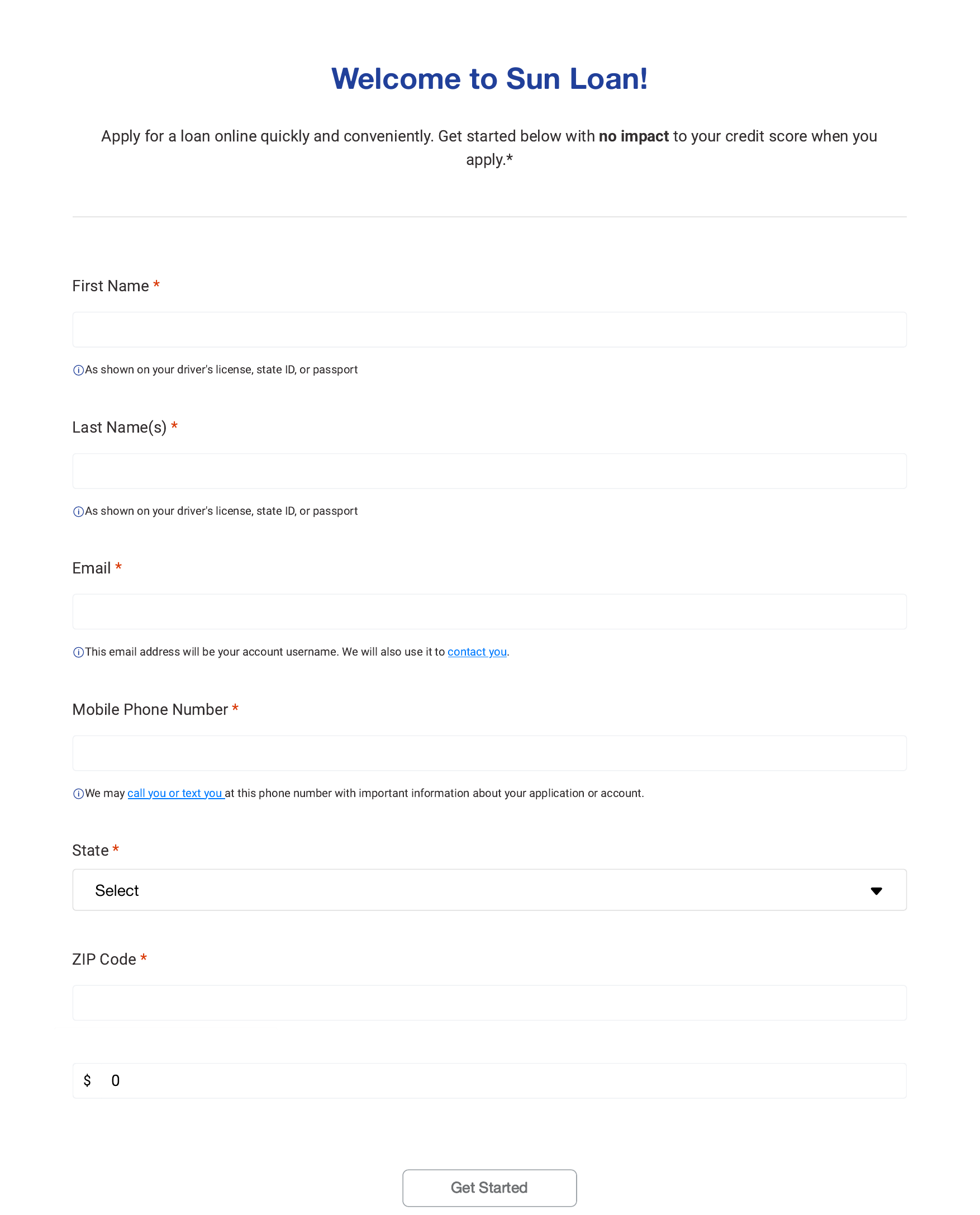 Sun Loan Get Started form with name, email, phone, state, ZIP code, and requested amount fields