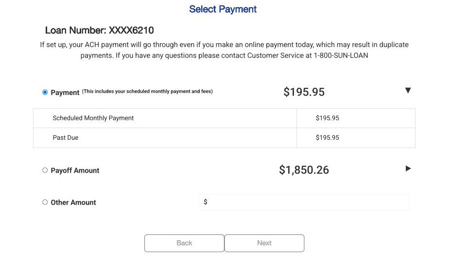 Select Payment screen showing loan number and payment amount options