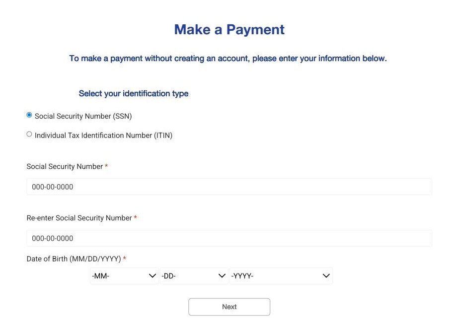 Make a Payment screen asking for SSN or ITIN and date of birth