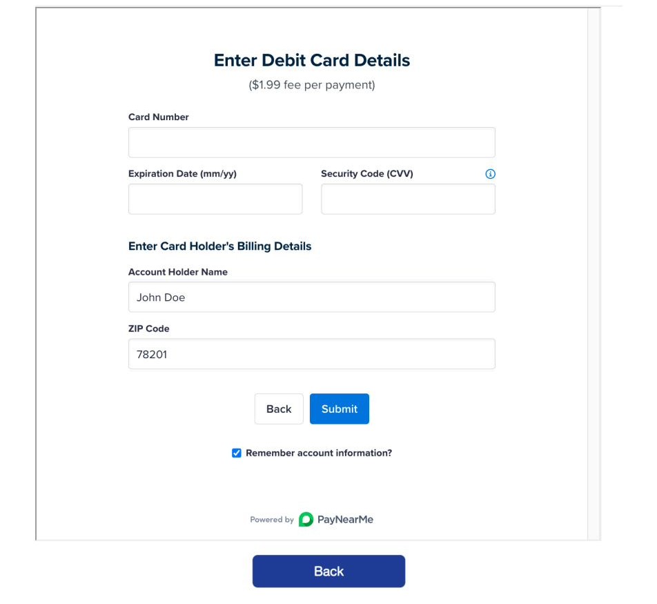 Enter Debit Card Details screen with card number, expiration date, CVV, and billing information fields