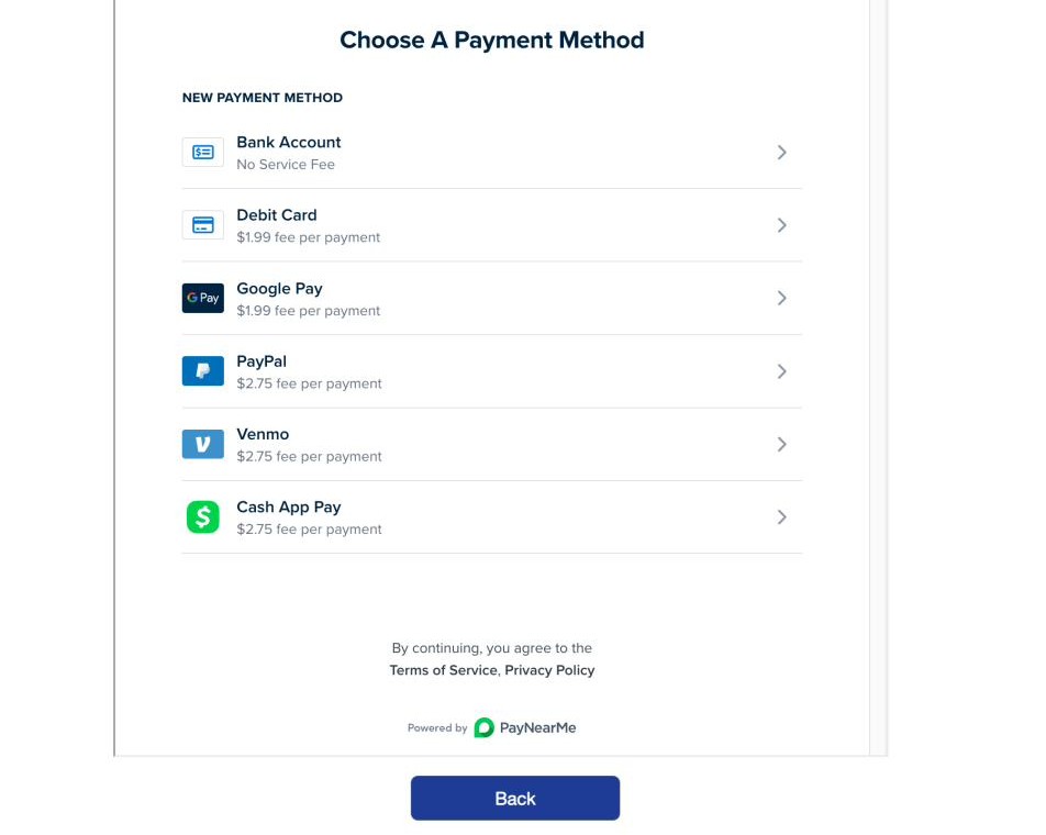 Choose a Payment Method screen listing bank account, debit card, and other payment options
