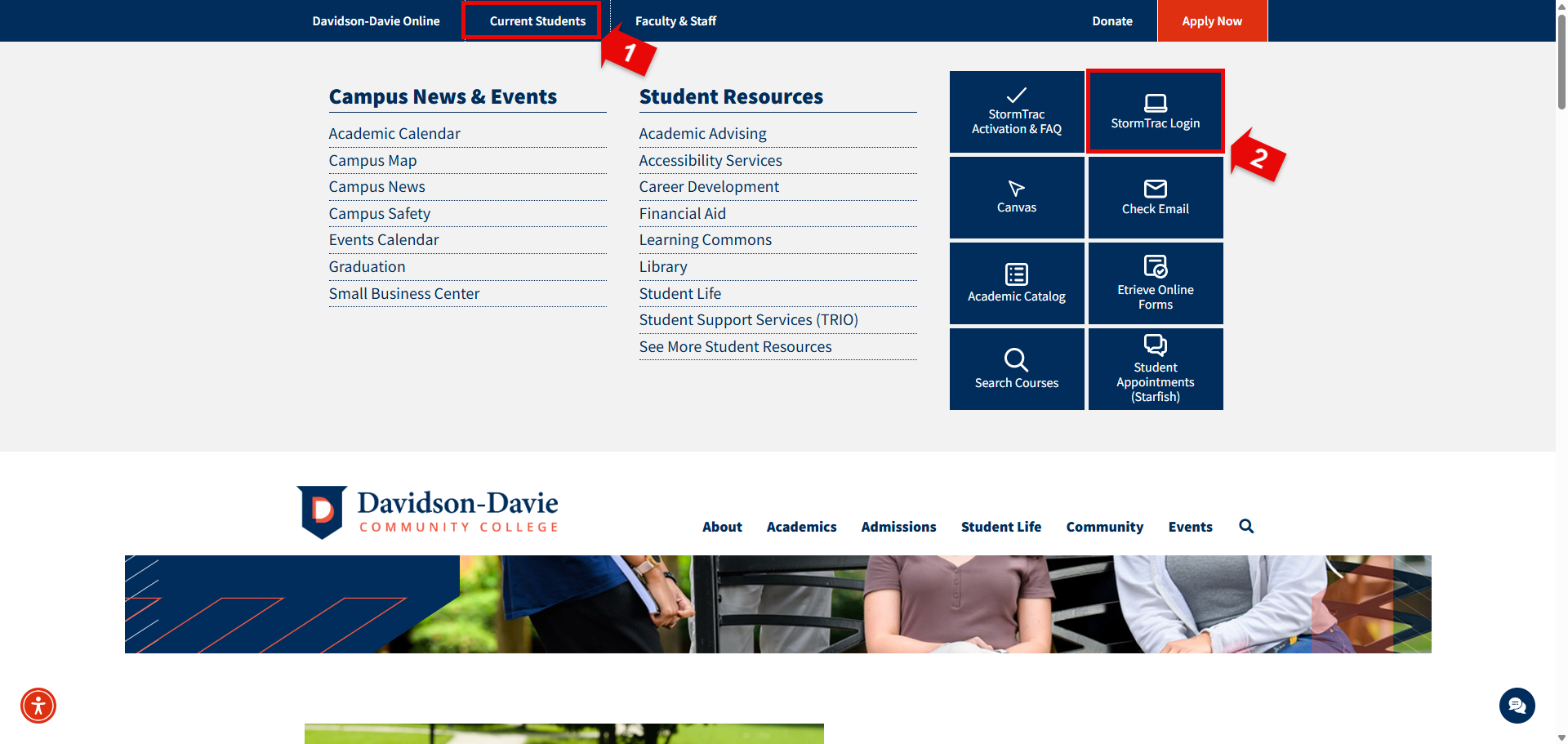 Red arrow 1 pointing to the Current Students Tab on the navigation bar at the top of the Davidson-Davie website. Red arrow 2 pointing to StormTrac Login top right blue box in drop down menu