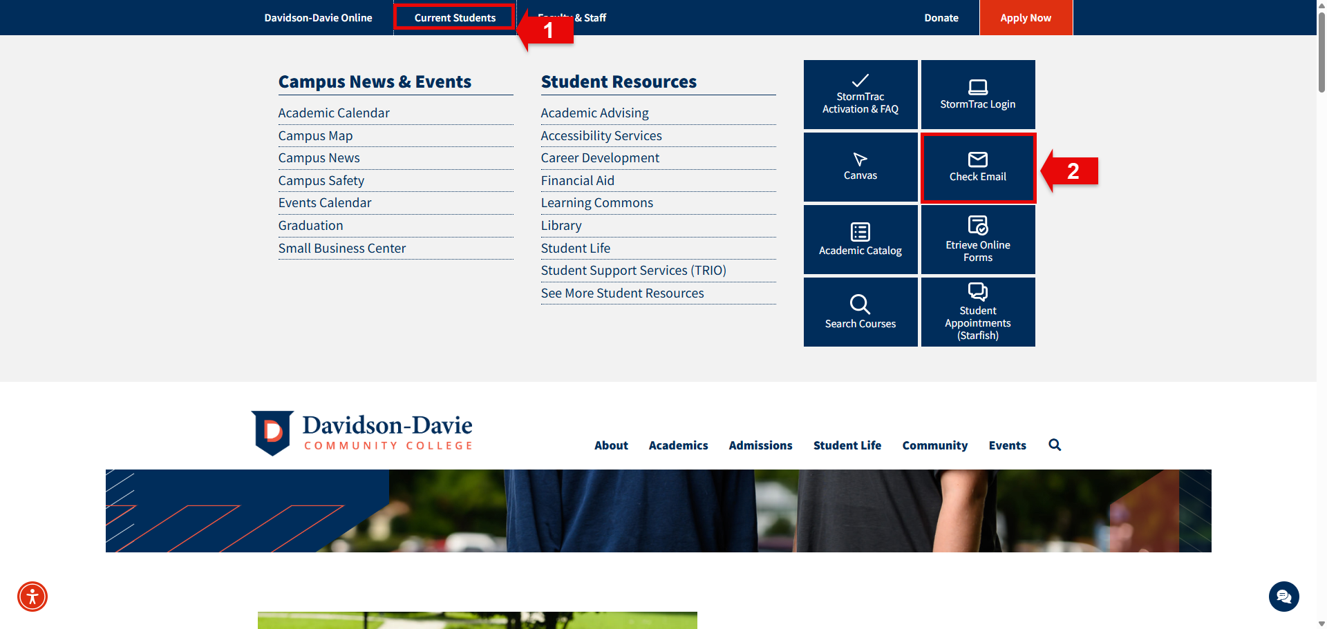 Red arrow 1 pointing to Current Students tab on navigation bar at the top of Davidson-Davie homepage. Red arrow 2 pointing to Check Email on right column of blue boxes