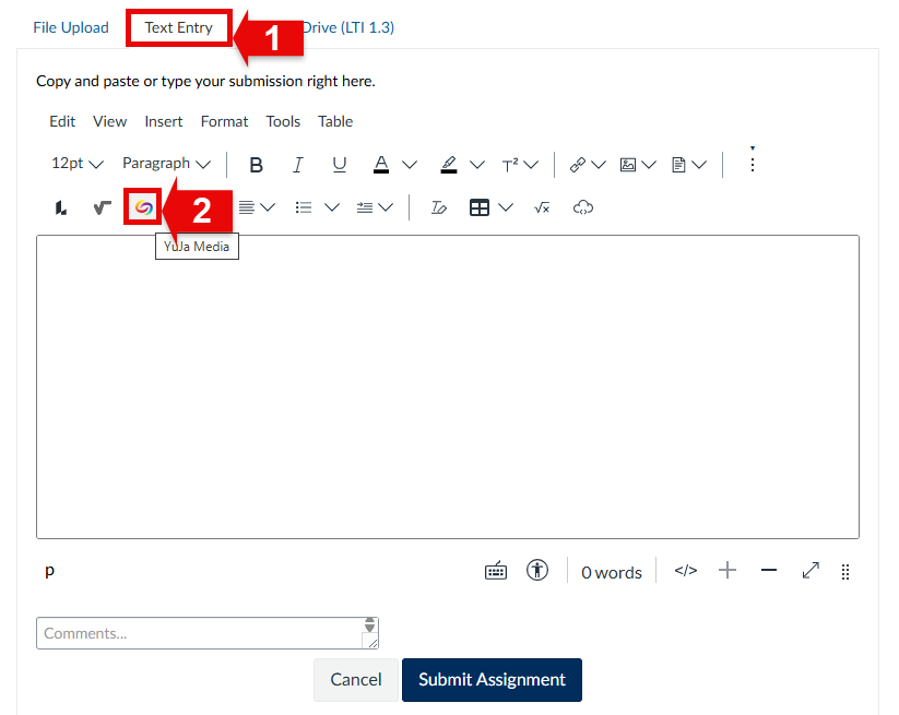 Red arrow 1 pointing to text entry on assignment submission page. Red arrow 2 pointing to YuJa icon button