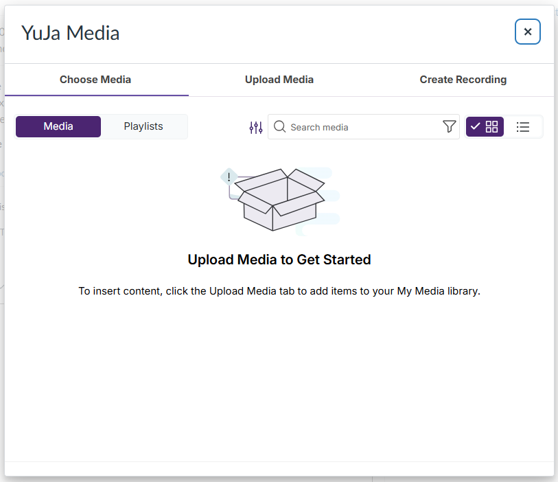 The Media Chooser window that allows you to choose a video to add to your Canvas assignment.