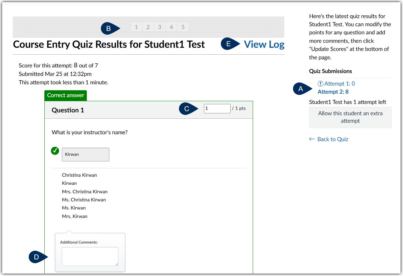 Quiz attempt page with makers indicated in the unordered list above