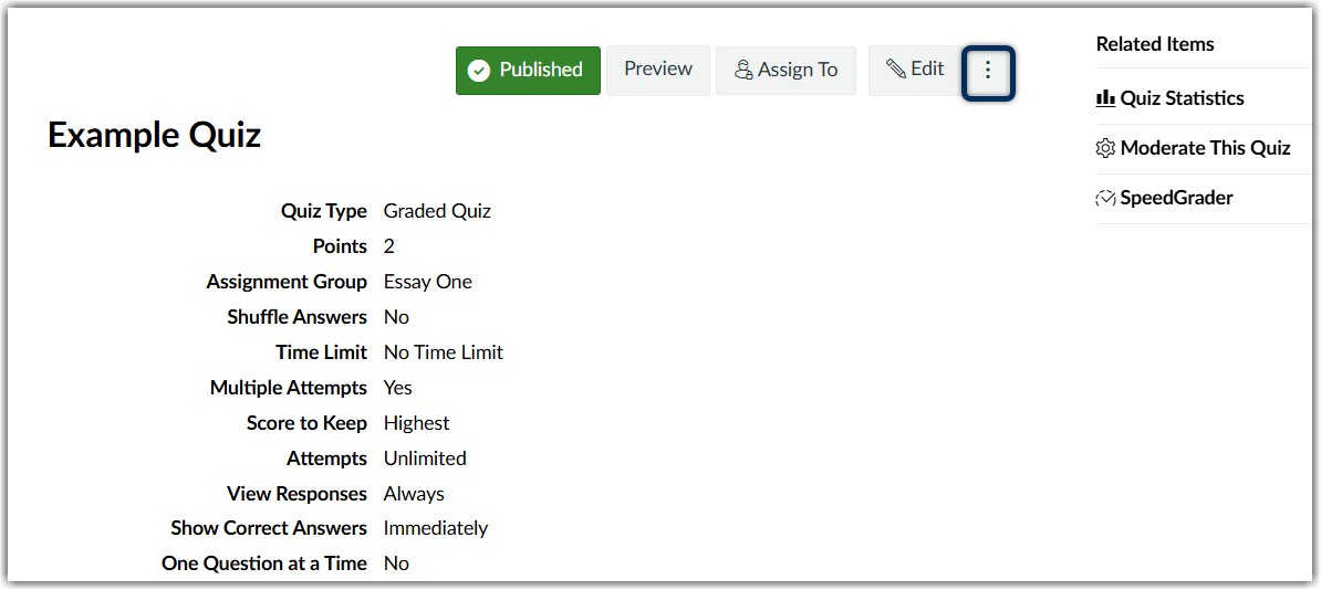accessing quiz results from the three-dot menu next to the quiz edit button