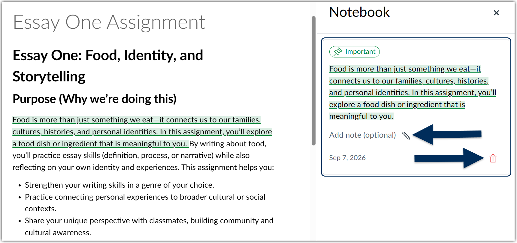 A Canvas Page open with the Notebook open to show highlighted content that can be deleted or note added