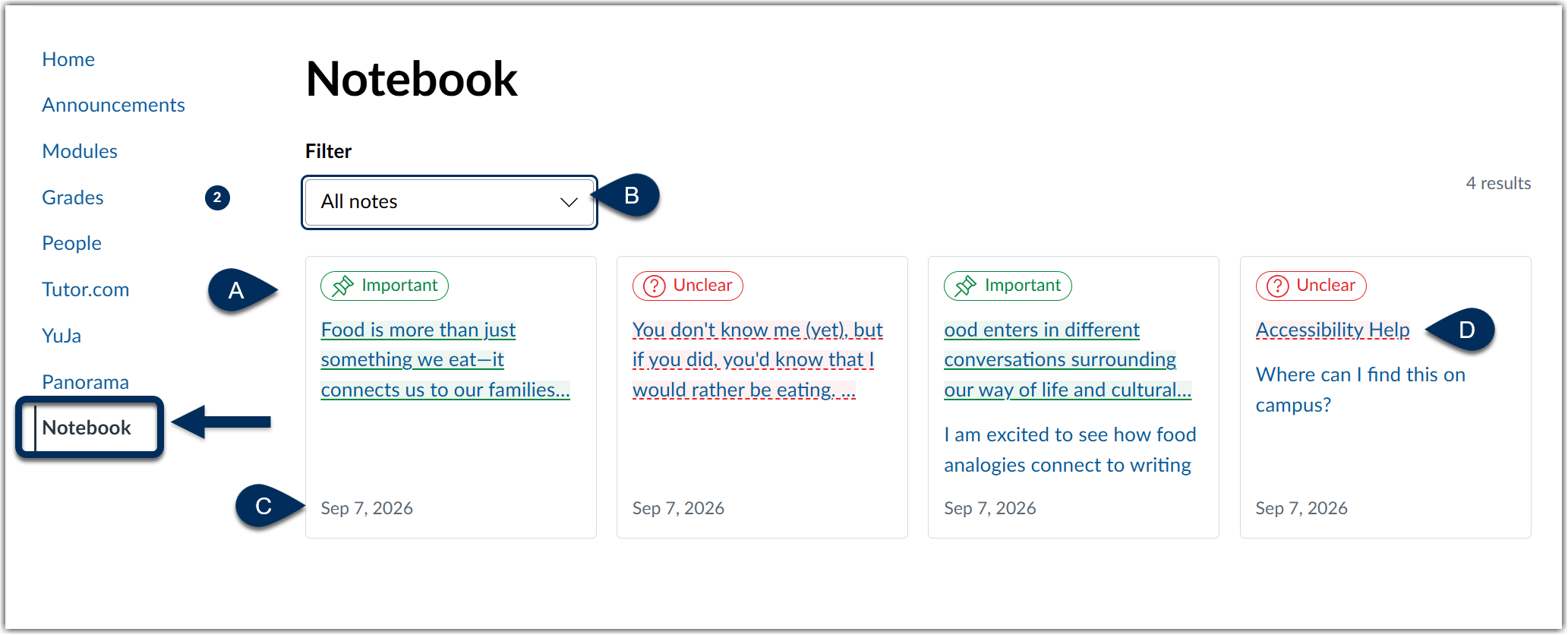 Main Notebook page open with features marked to reflect the list below