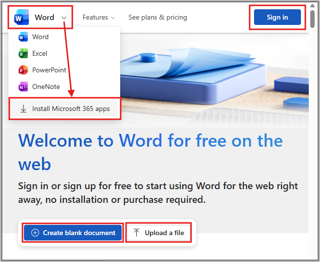 Screenshot of the top left corner of the Microsoft 365 online Word webage, showing the application menu and install/download option