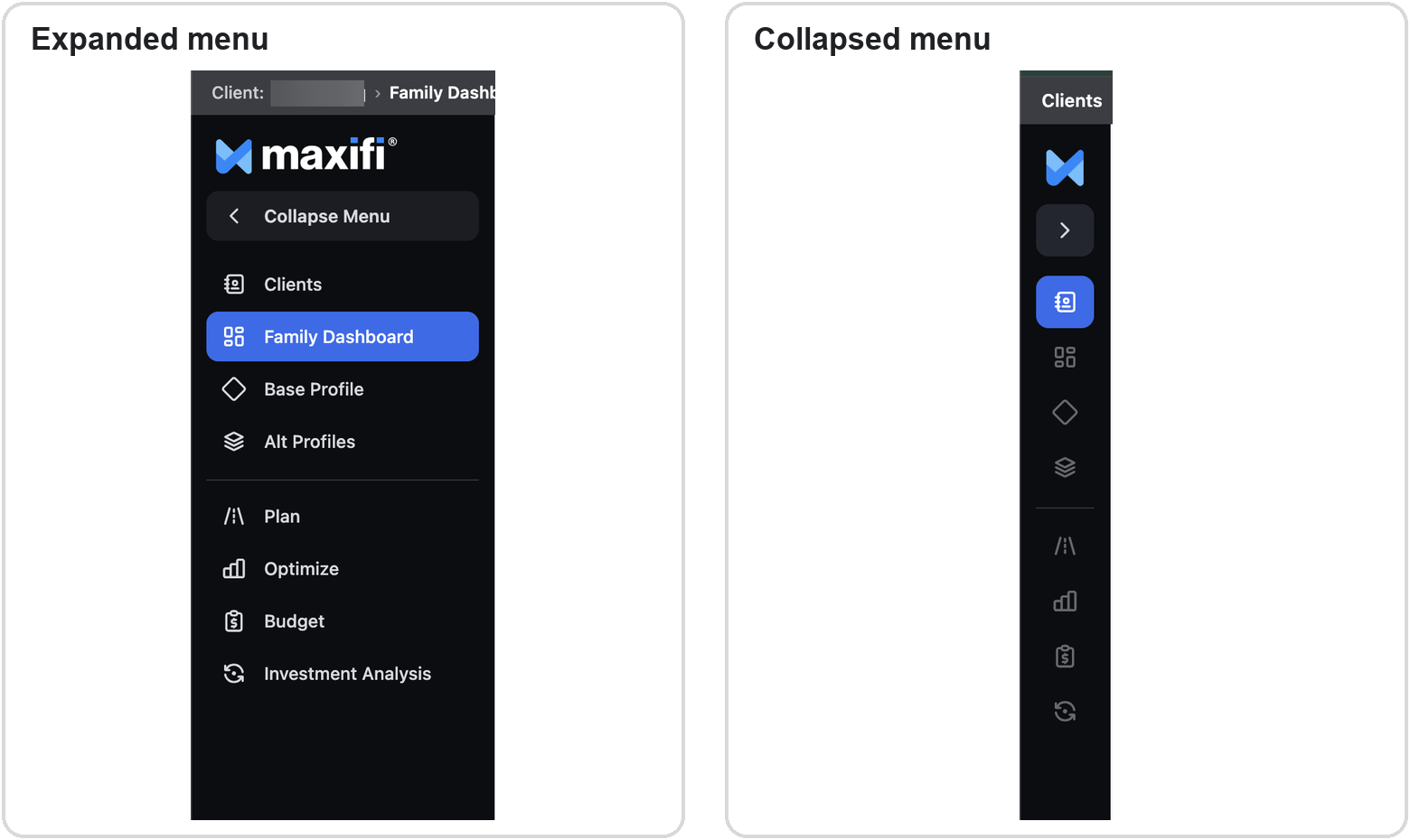 Side by side comparison of MaxiFi's expanded navigation labels and collapsed navigation icons.