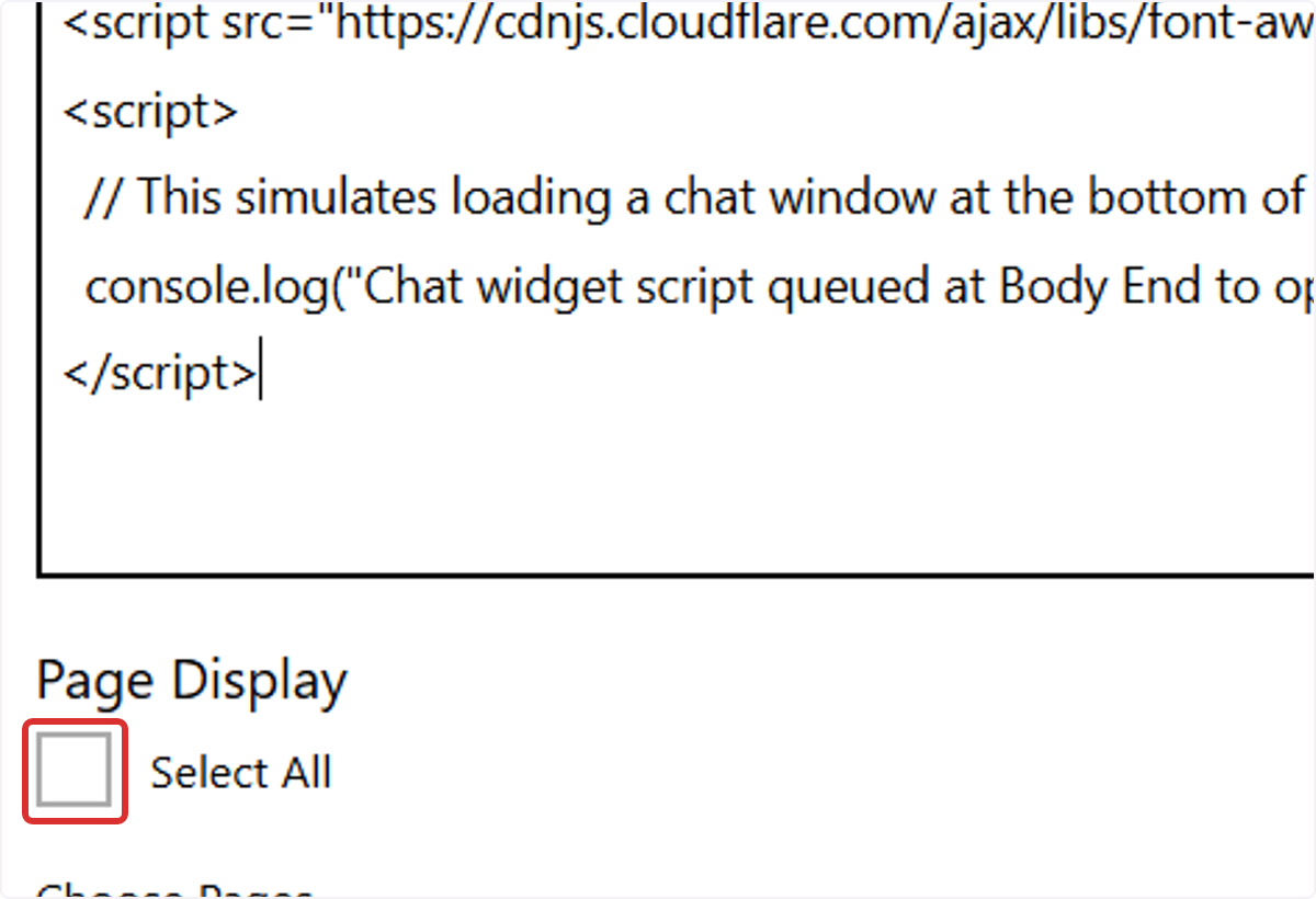 Page Display: By default, scripts will appear on every page of the website. Uncheck the 'Select All' box to open the page selector dropdown.