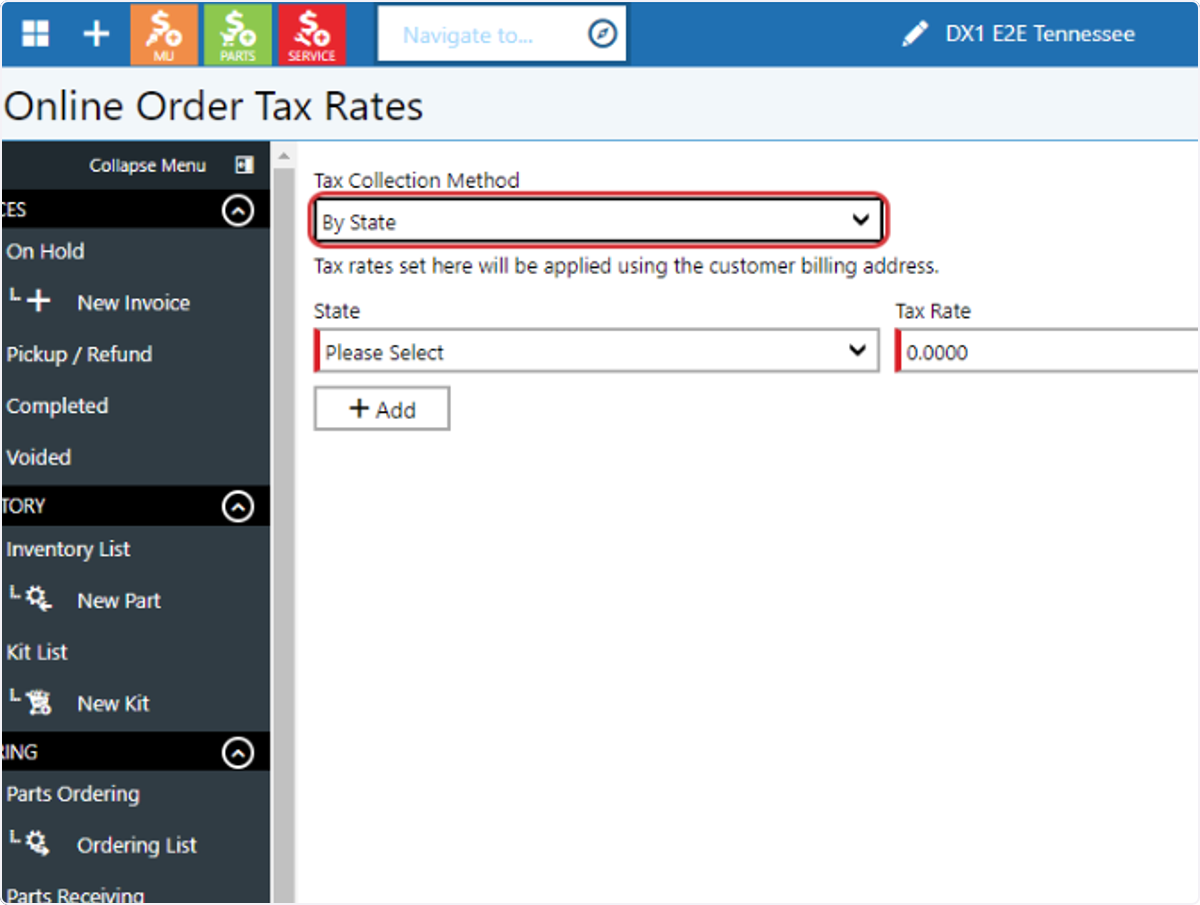 Select By State in the Tax Collection Method dropdown