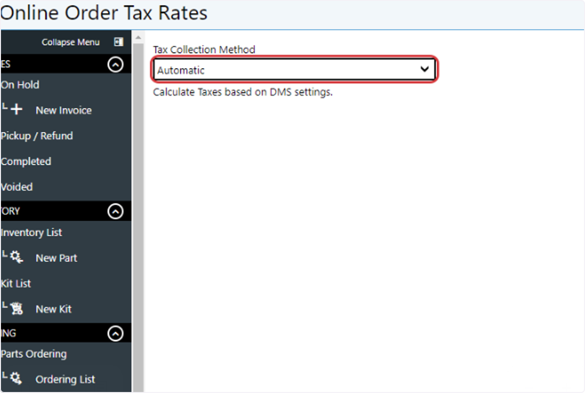 To use Automatic tax rate collection using the DX1 DMs tax rate settings,  select 'Automatic' in the 'Tax Collection Method' dropdown.
