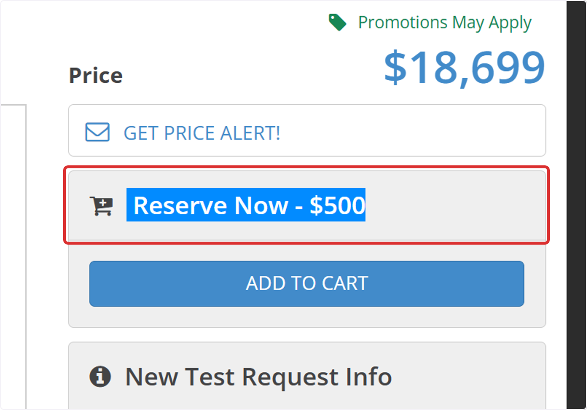 Your deposit amount will appear with a 'Reserve Now' heading and an 'Add to Cart' button.