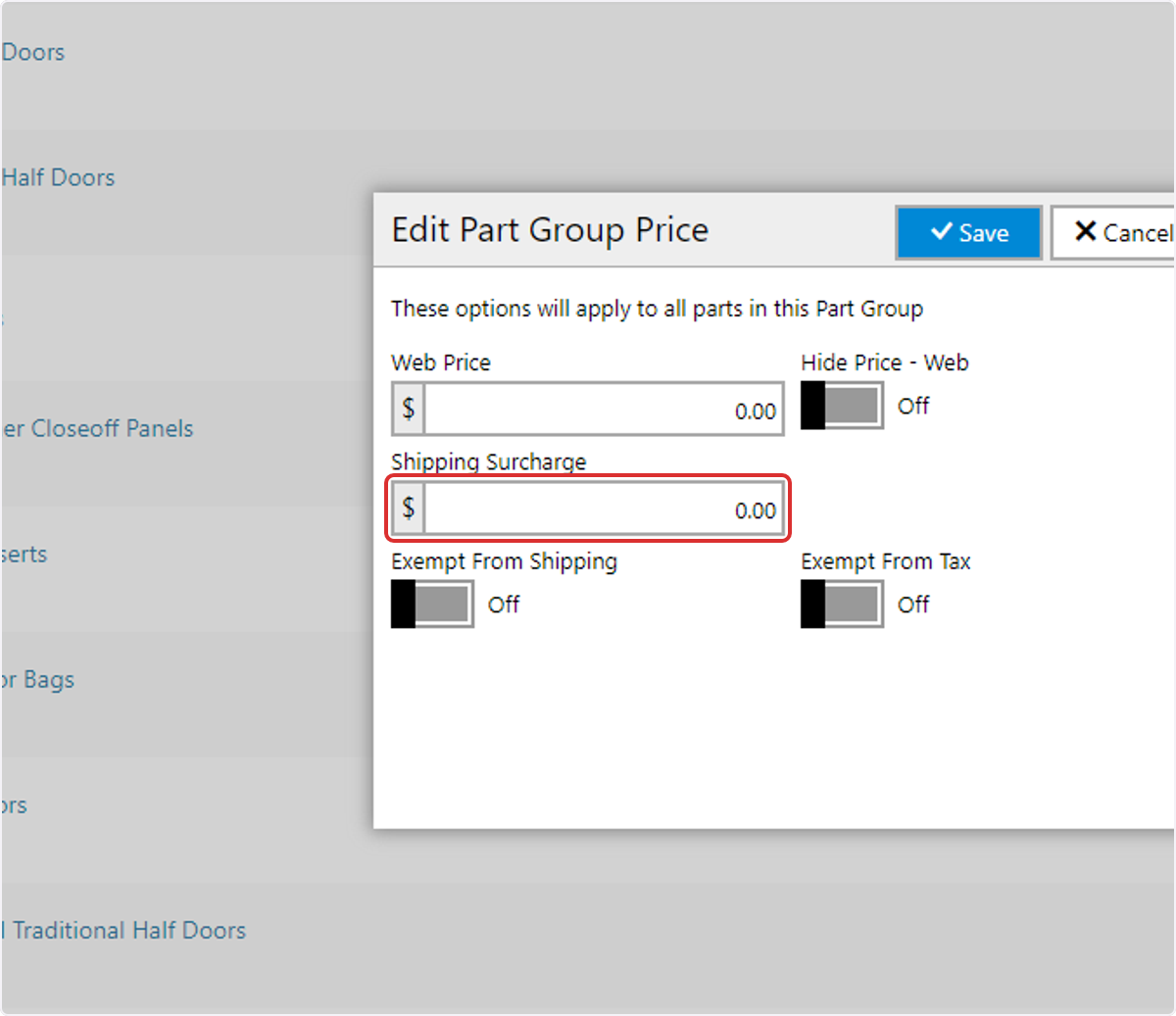Enter the additional shipping fees in the 'Shipping Surcharge' field.