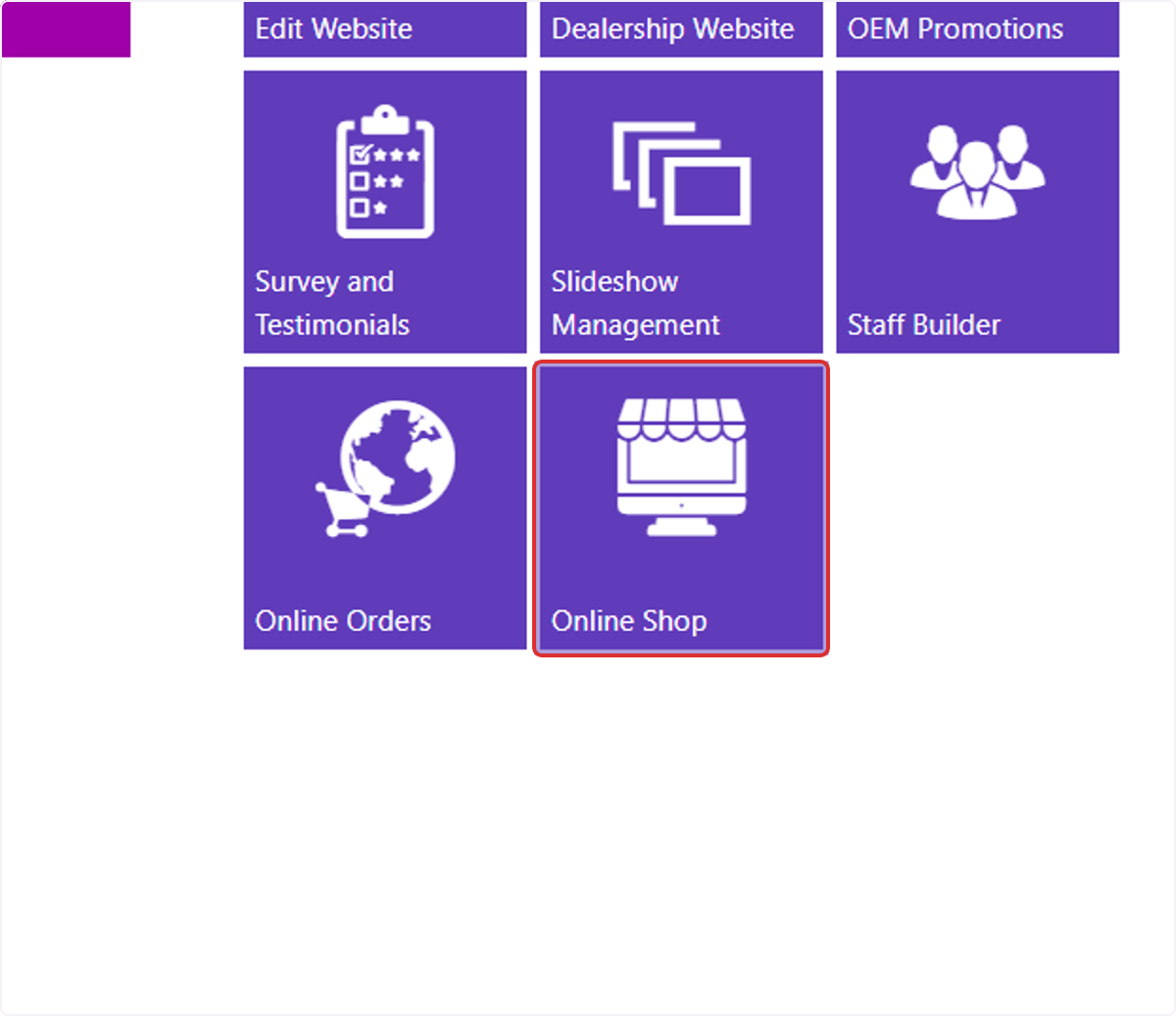 Select the 'Online Shop' tile from the Dashboard