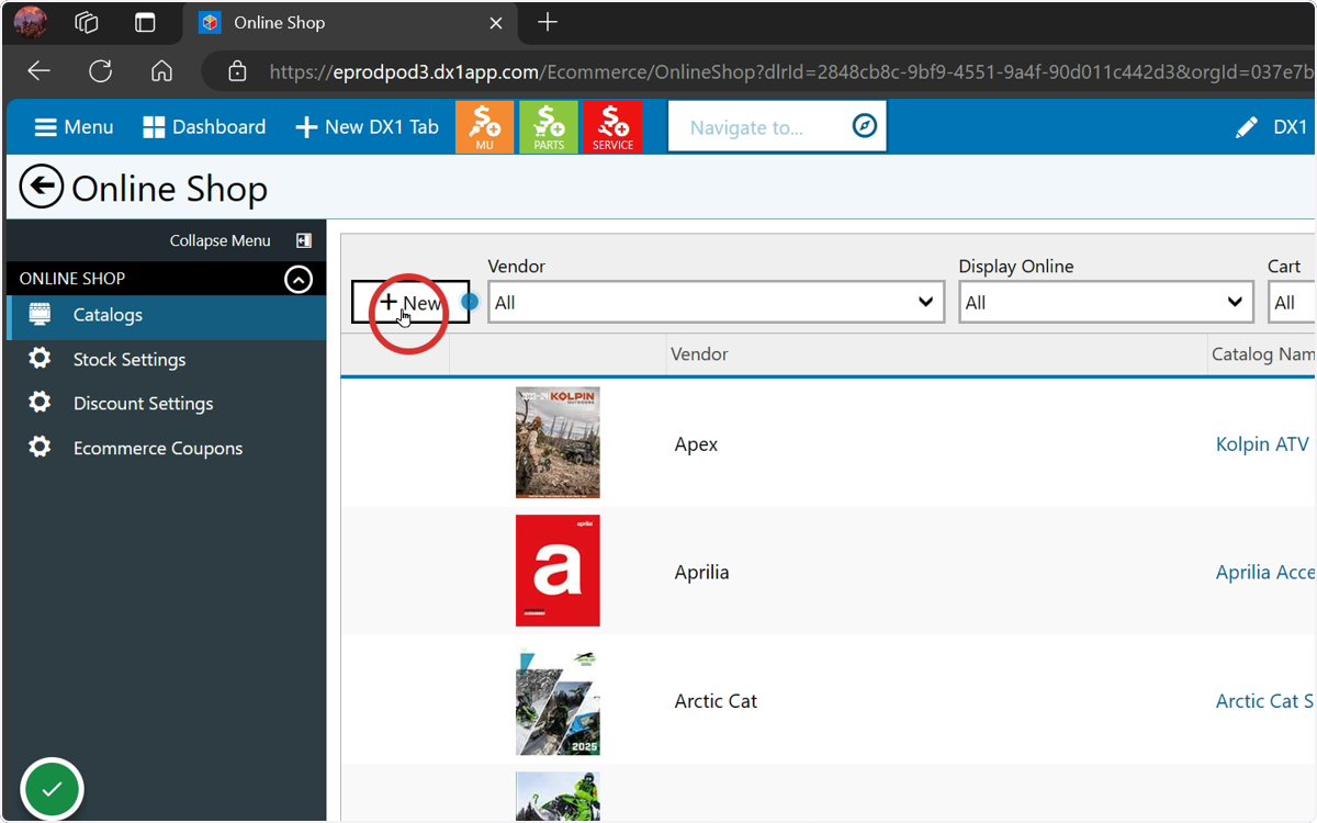 If you are creating products for the first time, you will need to create your custom catalog. Select +New to get started.
*If you have already created a catalog, select it in the list and skip to step #13.