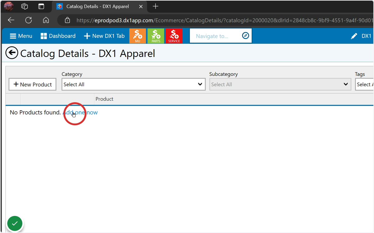 Select +New Product or 'Add one now 'to create your first product.