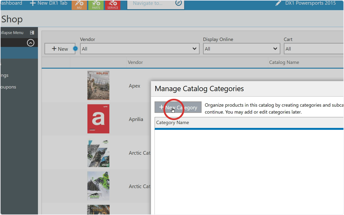 Products are organized within a catalog in categories. An apparel catalog might be organized by apparel type, eg T-Shirts, Hats, etc Create at least one catagory by selecting +New Category