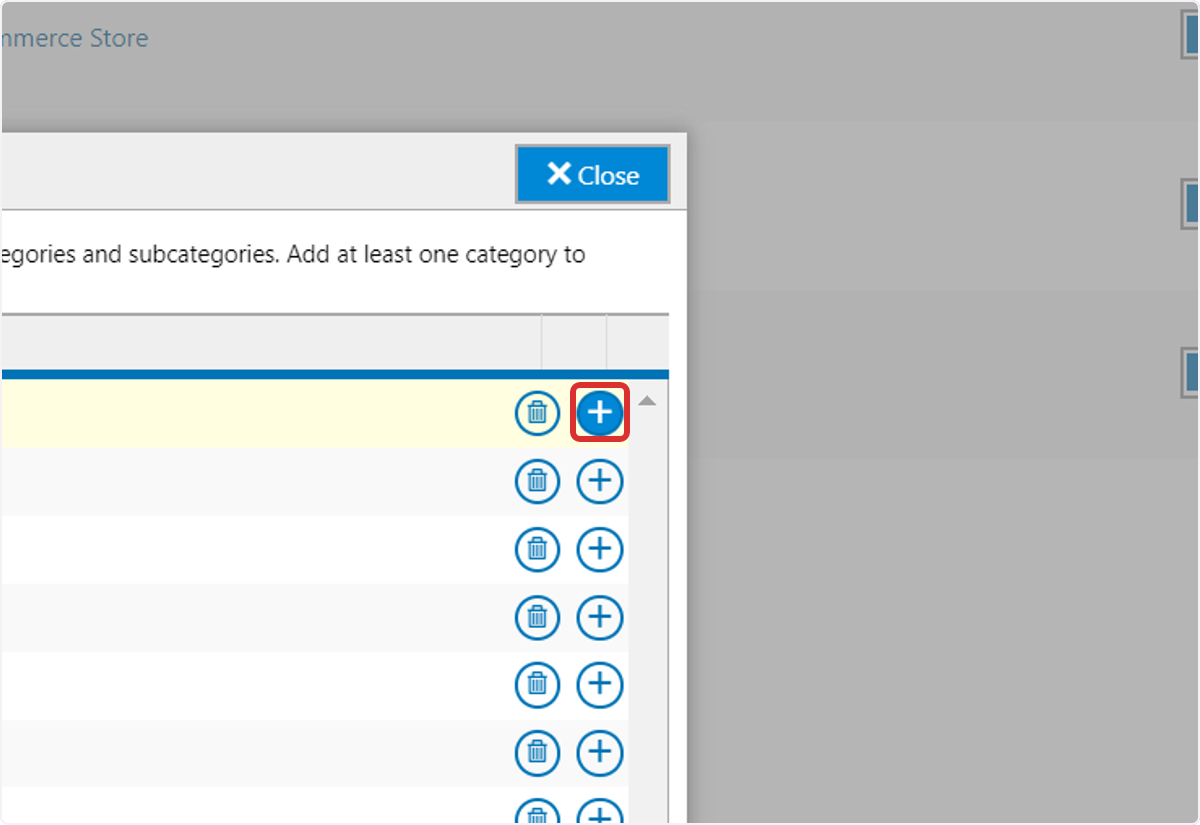 To add a Subcategory, select the '+' icon for the main Category