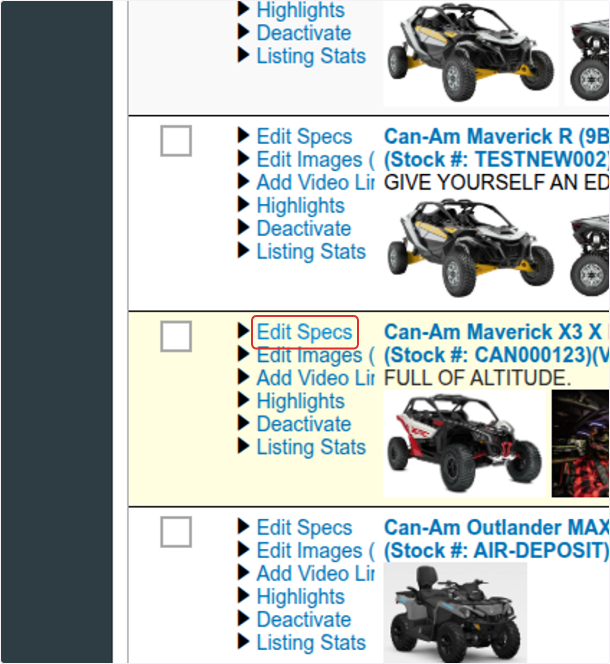 Find the unit you want to update and click Edit Specs