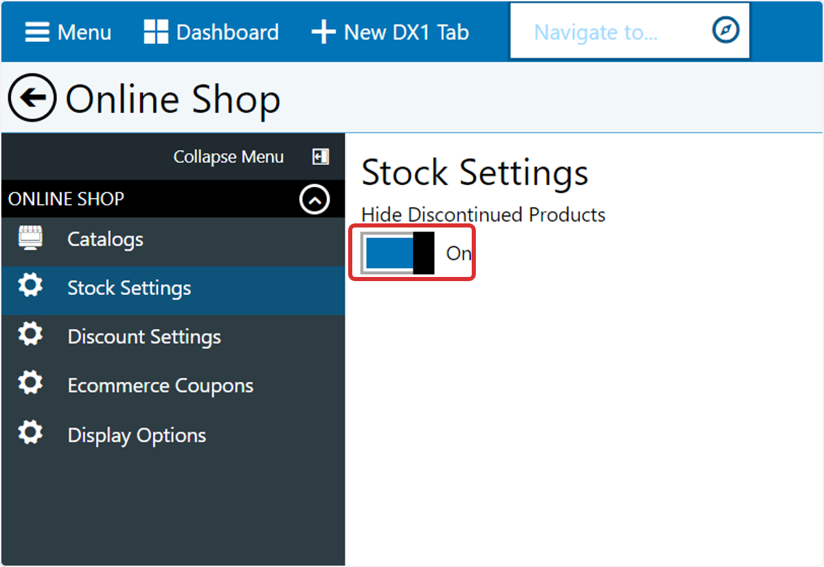 Set the toggle for 'Hide Discontinued Products' to the ON position