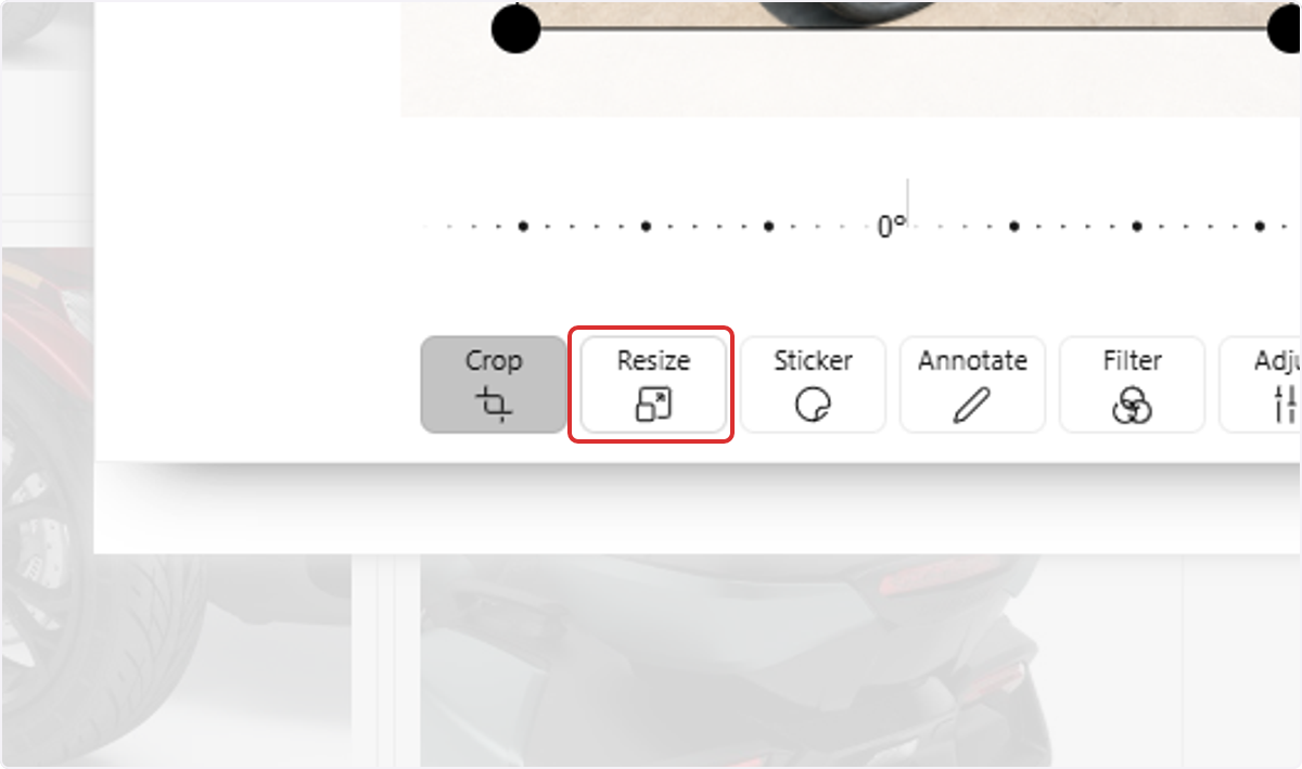 Click on Resize to change the dimensions of your image.