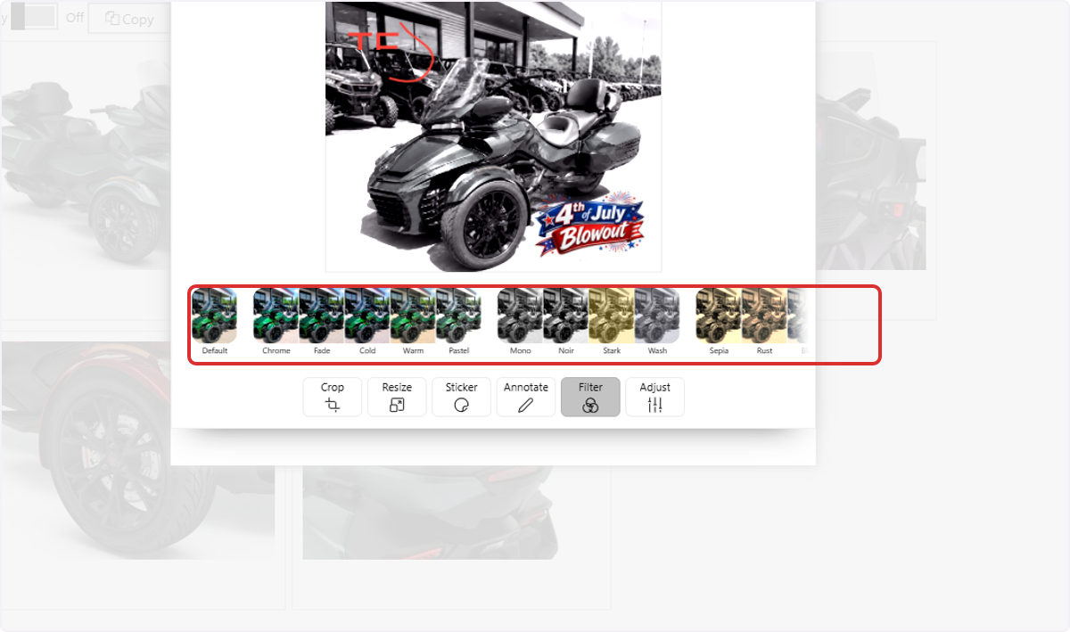 Choose Filter to apply a preset look to the entire image.