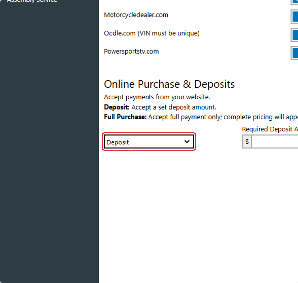 Select 'Deposit' in the Online Purchase & Deposits area.