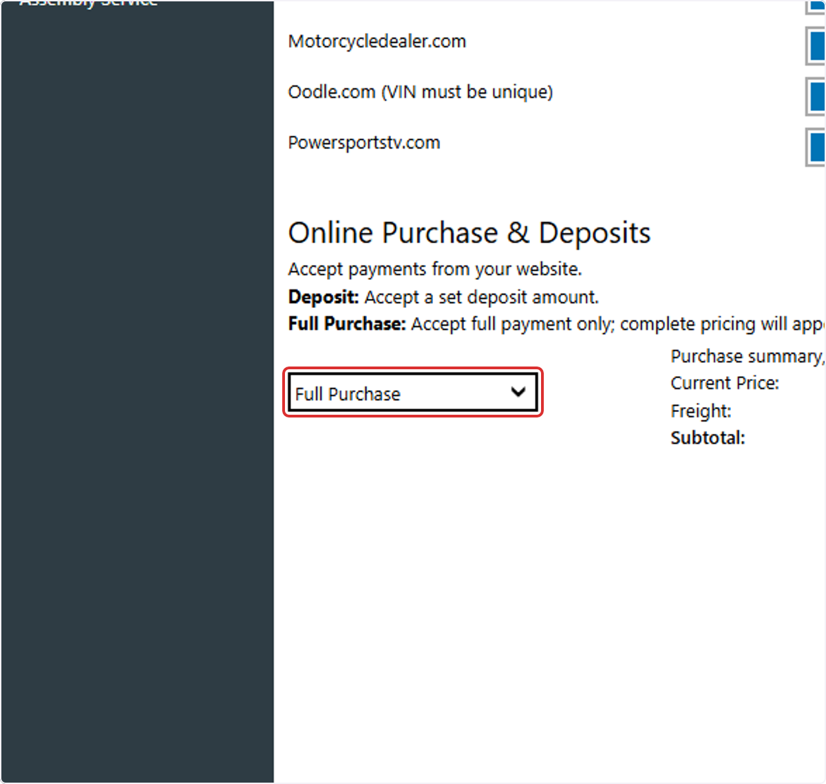 To allow full payment, select 'Full Purchase'  in the Online Purchase & Deposits area.