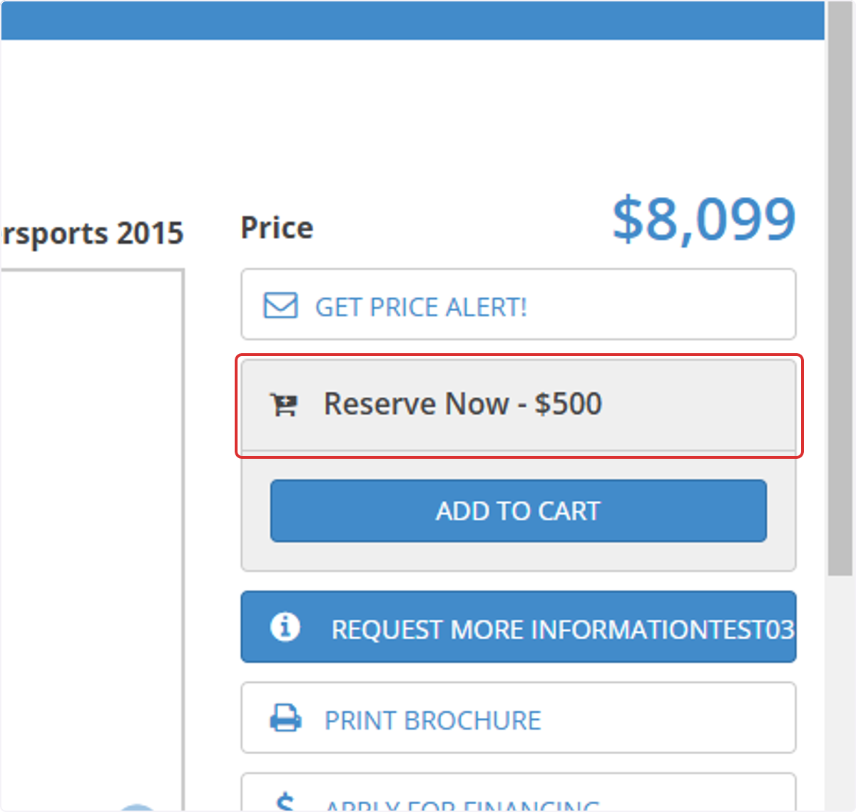 Your deposit amount will appear with a 'Reserve Now' heading and an 'Add to Cart' button.