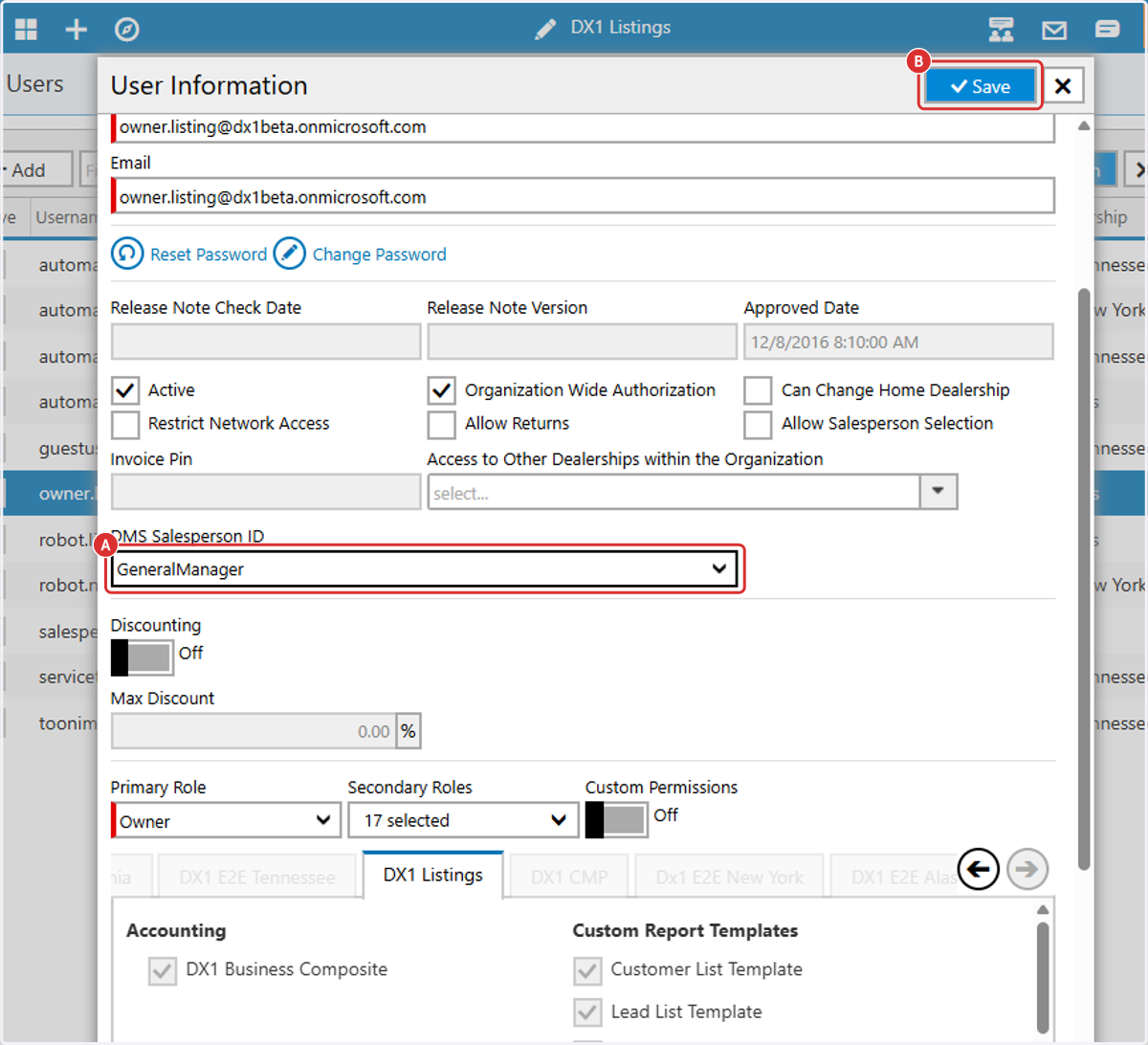 Choose the DMS Salesperson ID and save the user record