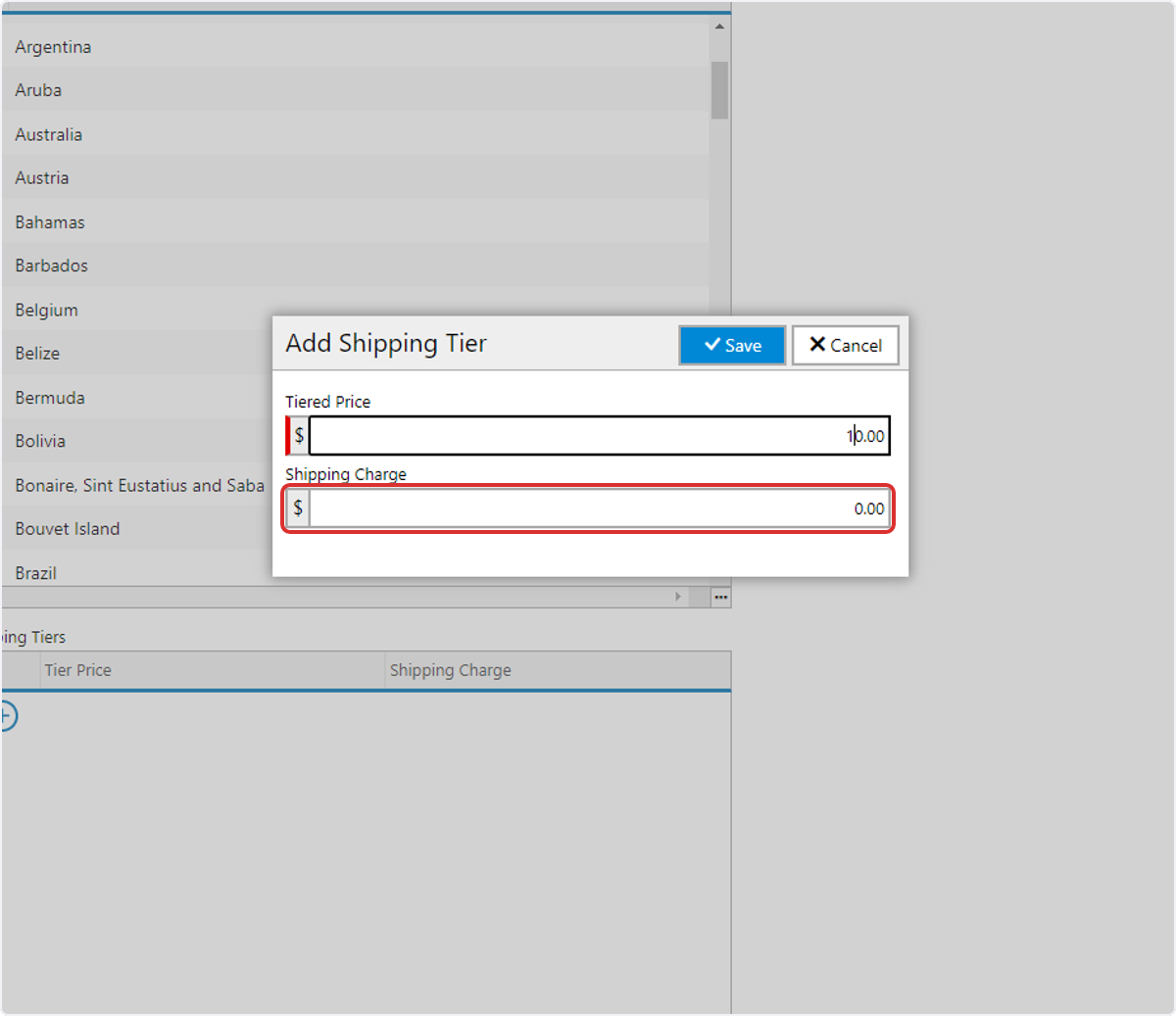 Enter the Shipping Charge that will be applied to the tier price.