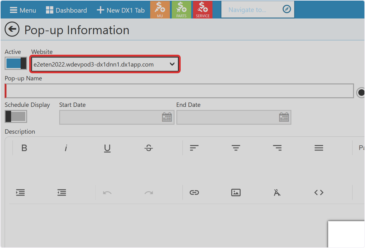 Confirm the Website you want this pop-up to apply to in the Website dropdown