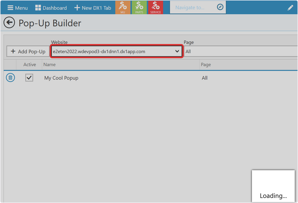 Use the filters to search and sort existing pop-ups