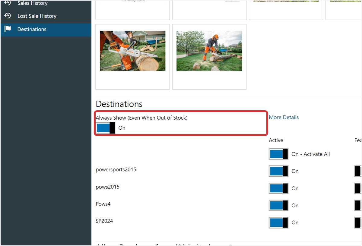 By default, your part will appear on your website even if the available quantity is zero or less. If you you'd like the part to appear only when stock is available, change the 'Always Show (Even When Out of Stock)' toggle to the Off position.