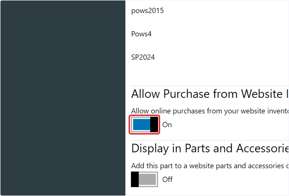 You can allow customers to purchase your serialized part directly from inventory pages on your website by setting the 'Allow online purchases from your website...' toggle to the On position.