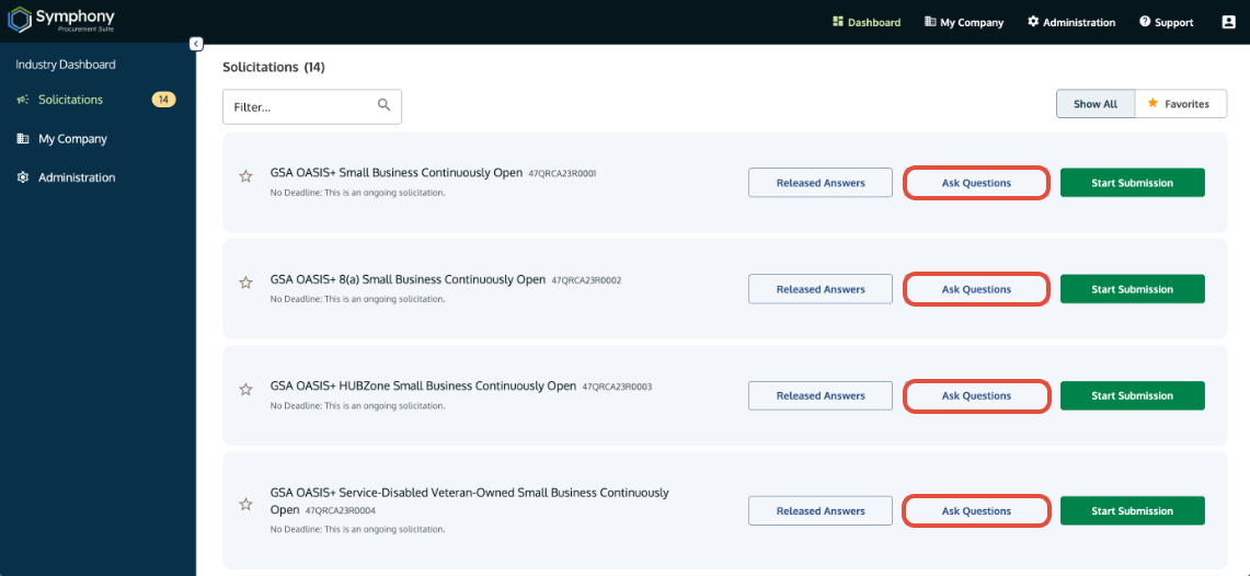 Solicitations tab showing RFP cards with highlighted Ask Questions buttons.