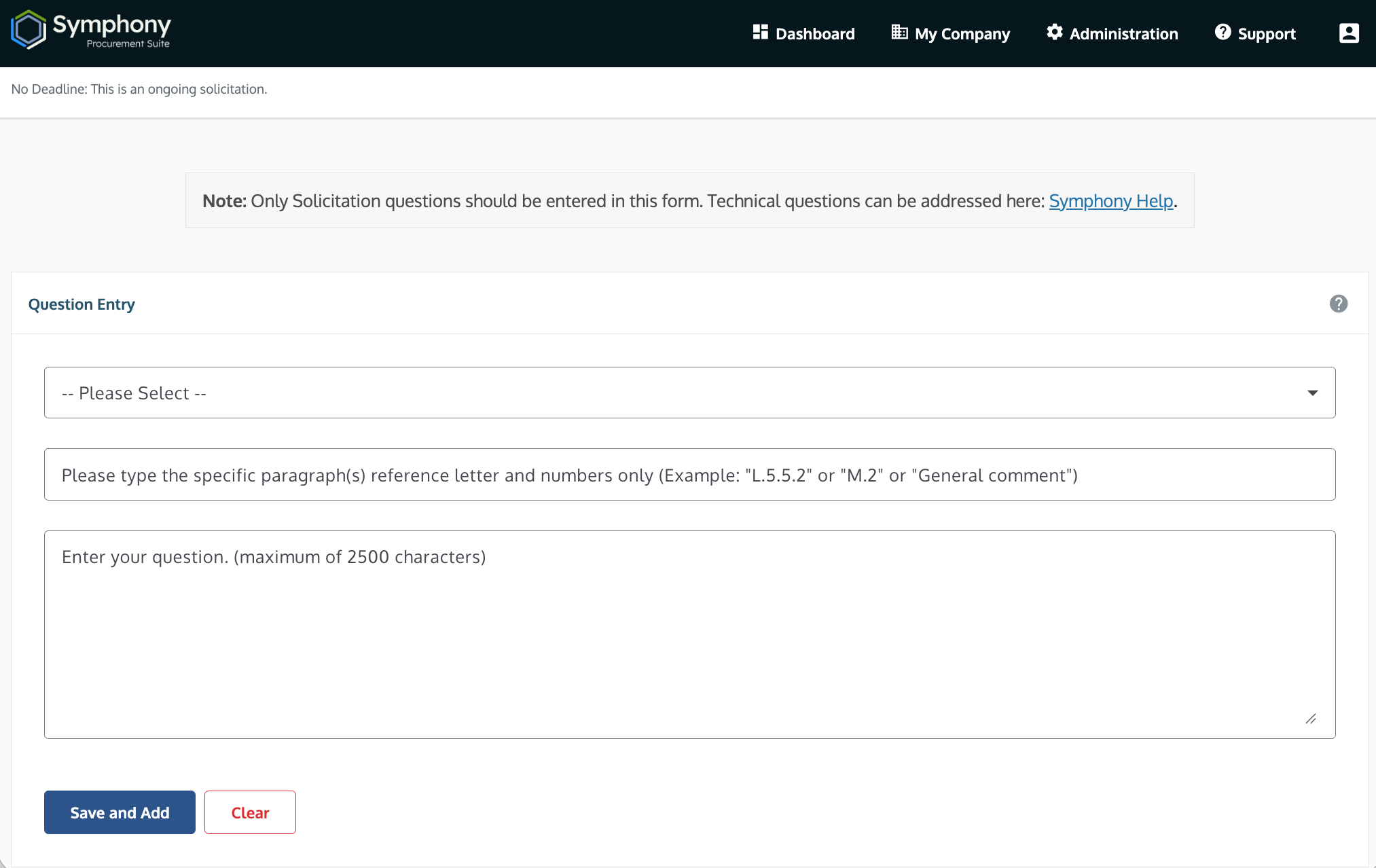 Ask Questions workspace displaying the question entry form, RFP reference field, and the 'Save and Add to List' and 'Clear' action buttons.