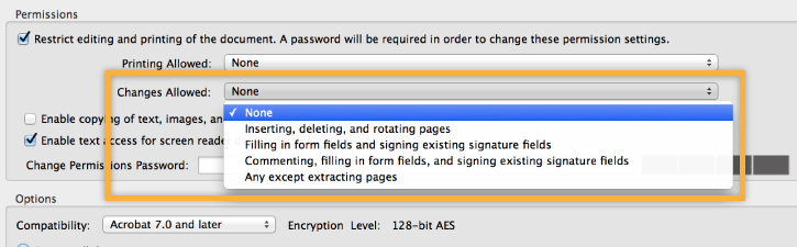 Password protect PDF Step 3-3, changes allowed permissions